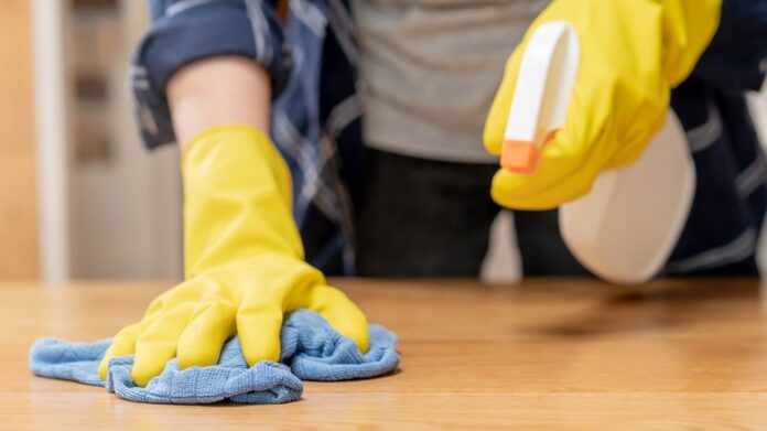 Cleaning,Hygiene,,Close,Up,Hand,Of,Maid,,Waitress,Woman,Wearing